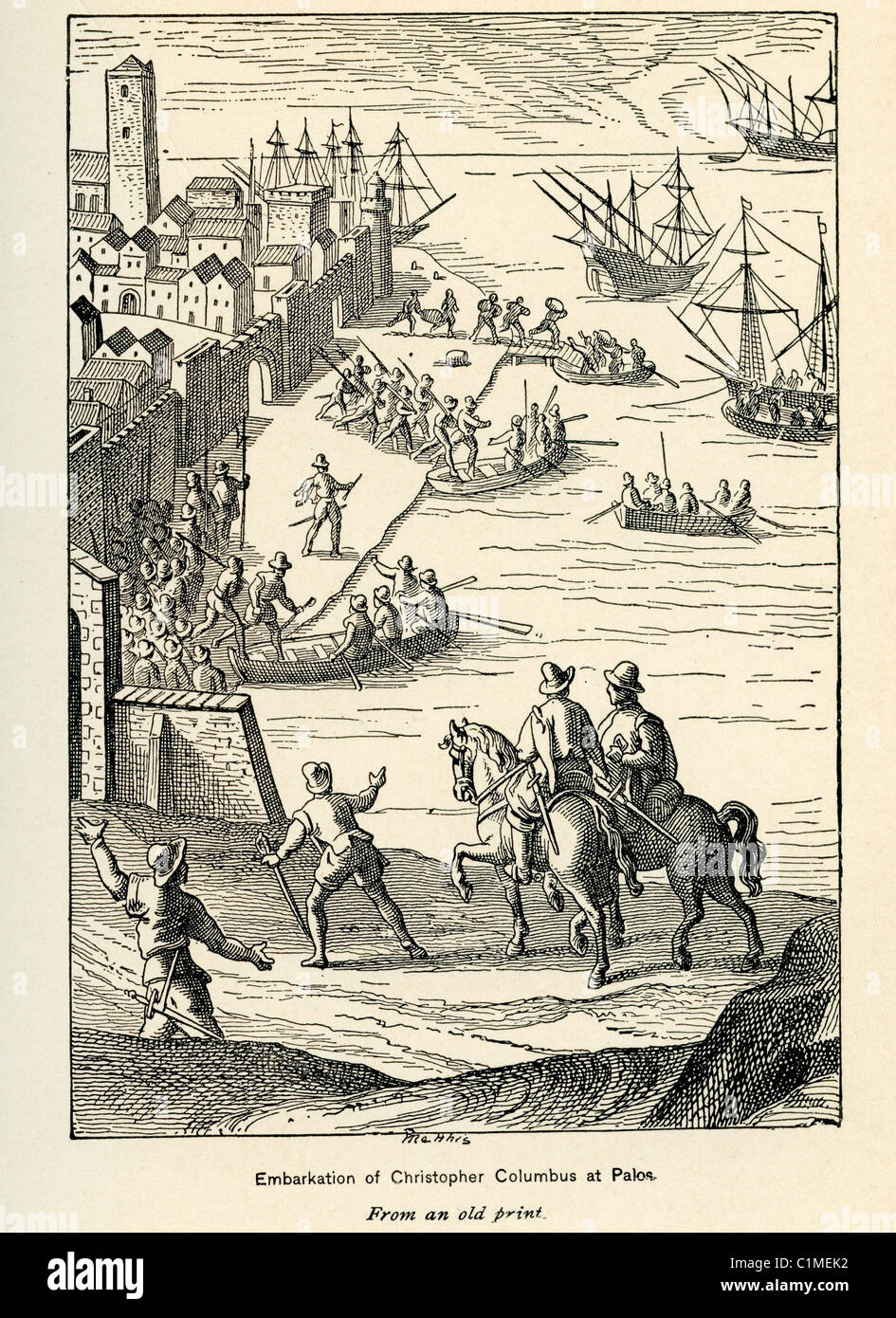 Alte Lithographie der Einschiffung von Christopher Columbus in Palos Stockfoto