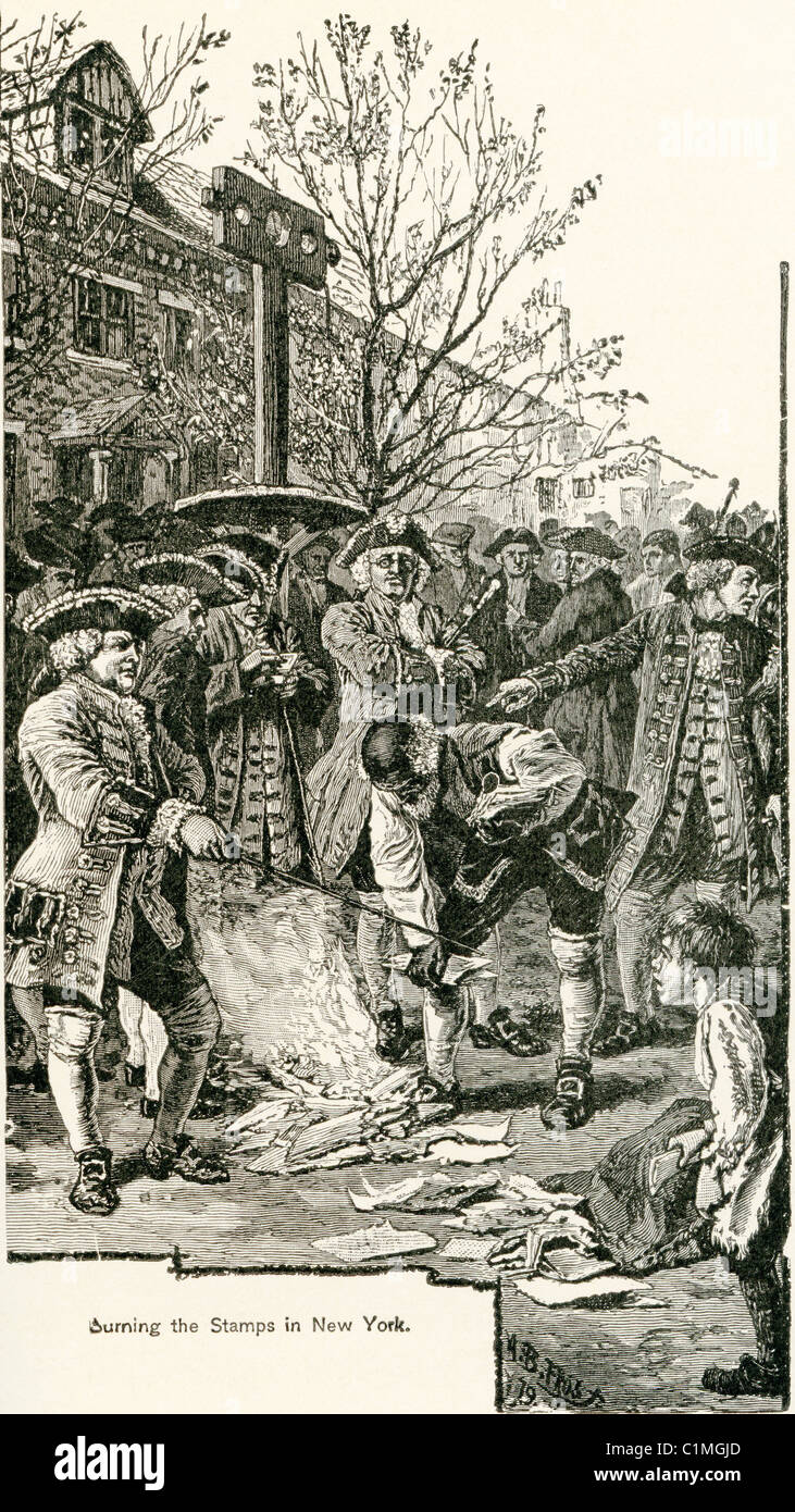 Alte Lithographie des Stamp Act Demonstranten verbrennen Briefmarken in New York Stockfoto