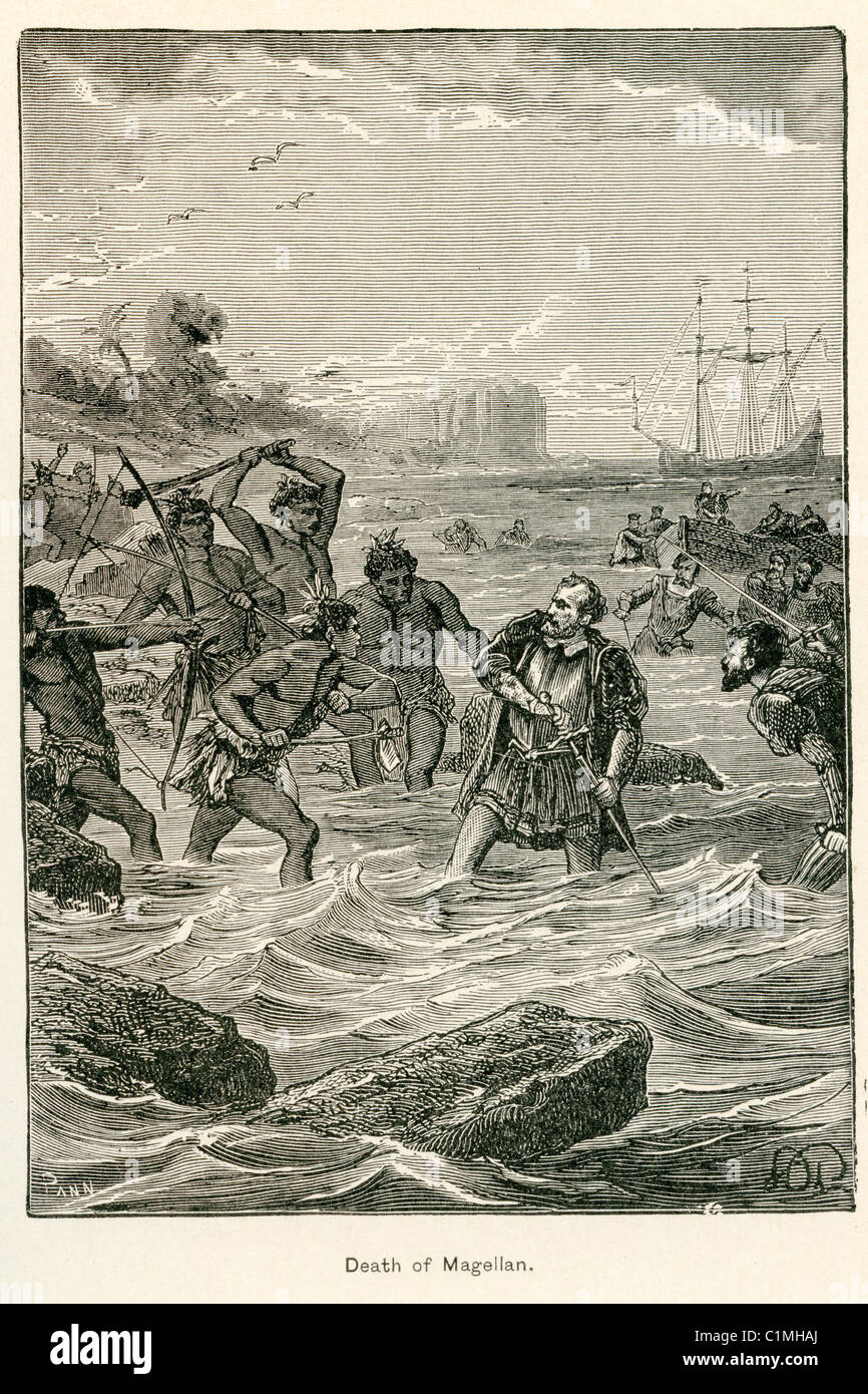 Alte Lithographie von Magellans Tod Stockfoto