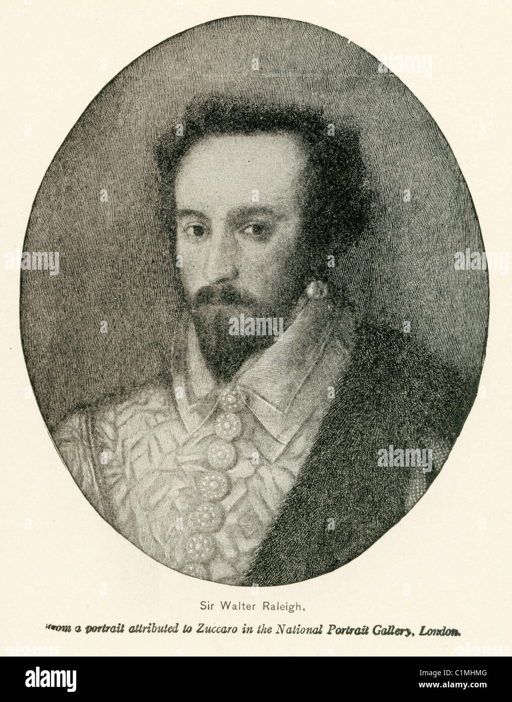 Alte Lithographie von Sir Walter Raleigh (1552 – 1618), englische Aristokrat, Schriftsteller, Dichter, Soldat, Höfling, Spion und explorer Stockfoto