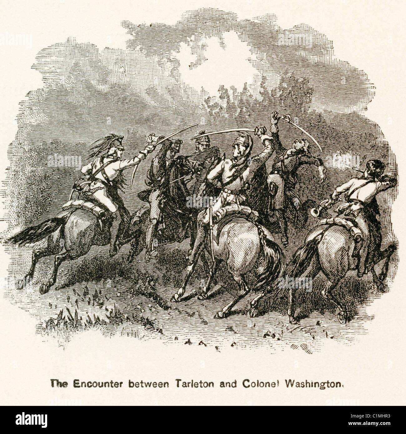 Alte Lithographie der Begegnung zwischen Washington und Tarleton, 1780, amerikanischer revolutionärer Krieg Stockfoto