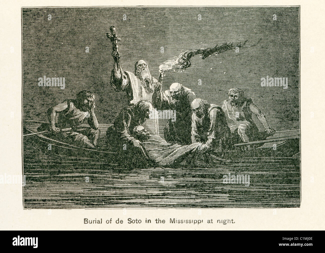 Alte Lithographie der Bestattung von Hernando DeSoto, der spanische Entdecker Stockfoto