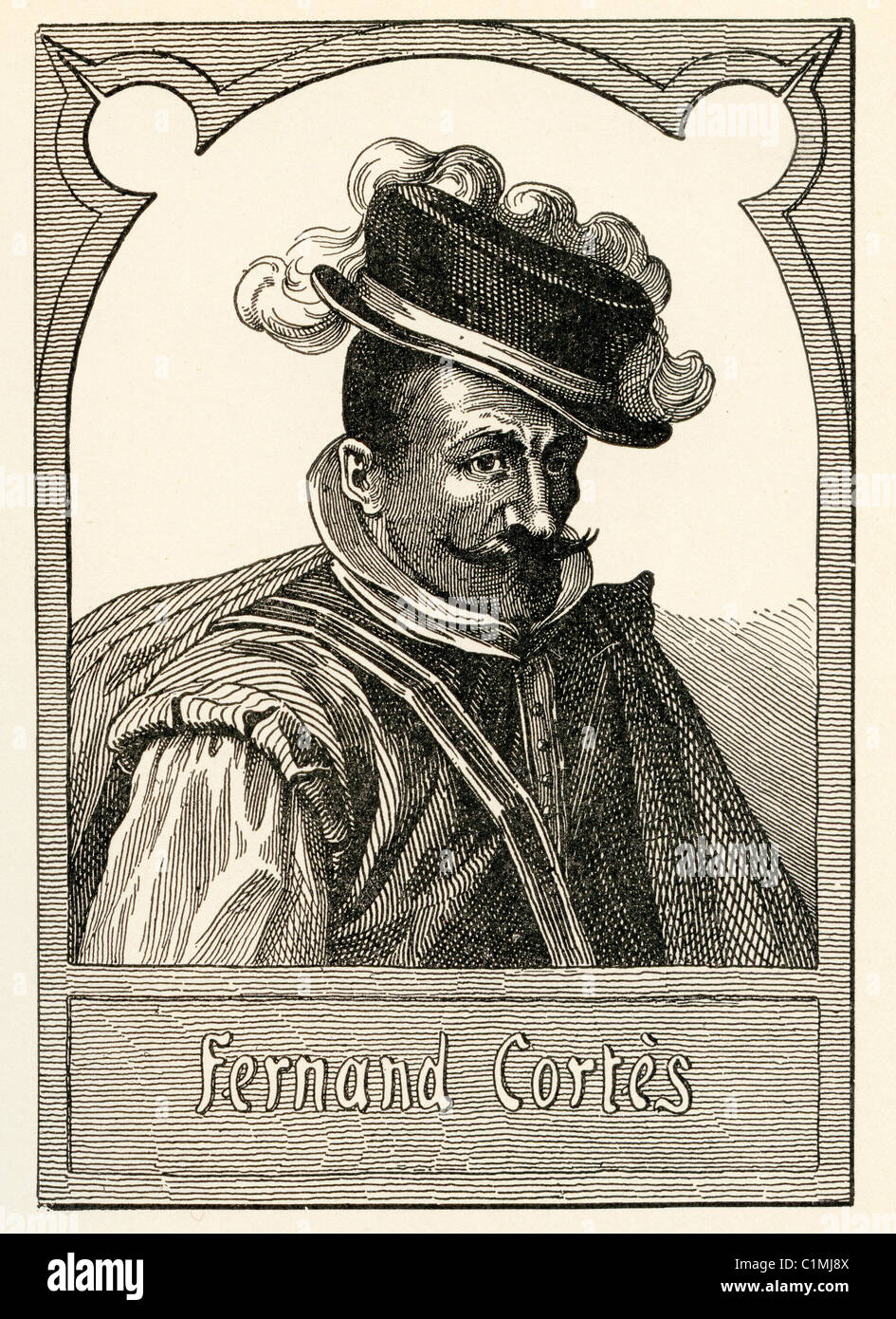 Alte Lithographie von Hernán Ferdinand Cortés, Hernán Ferdinand Cortés, die Azteken 1519 – 21, erobert und sicherte sich Mexiko für Spanien Stockfoto