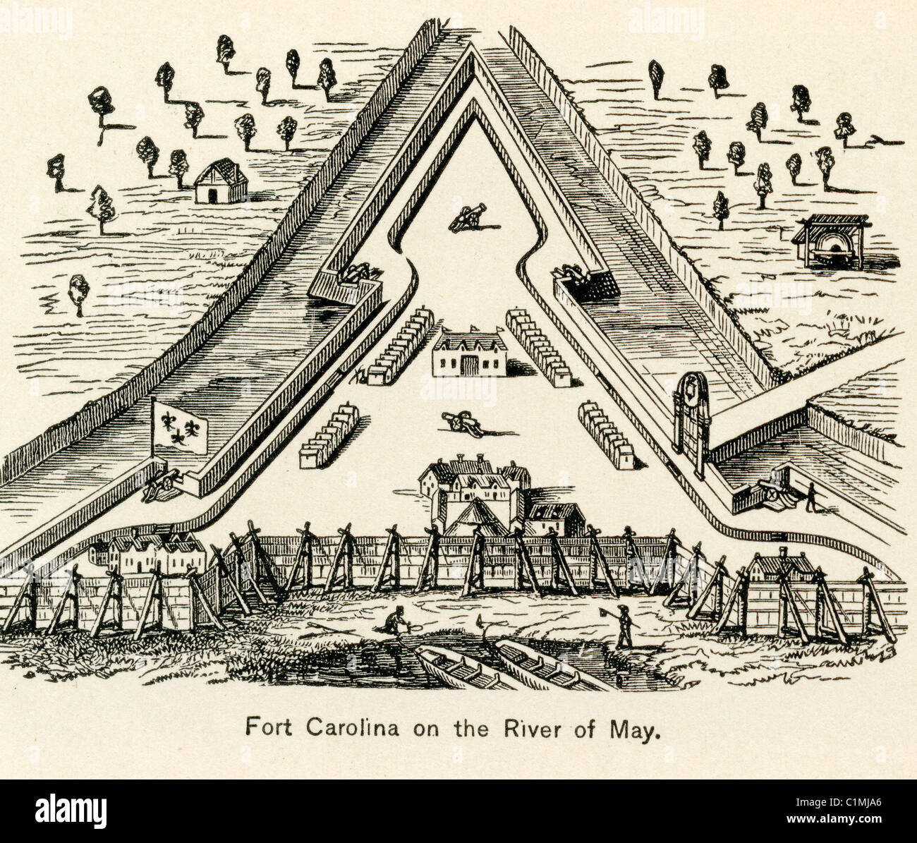 Alte Lithographie von Fort Caroline, französische Kolonie in den heutigen Vereinigten Staaten besteht in dem, was jetzt Jacksonville Stockfoto