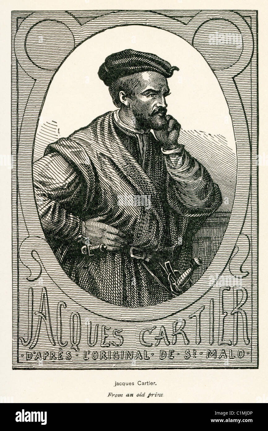 Alte Lithographie von Jacques Cartier (1491 – 1557), ein französischer Entdecker bretonischen Ursprungs, was behauptet, wird jetzt Kanada für Frankreich Stockfoto