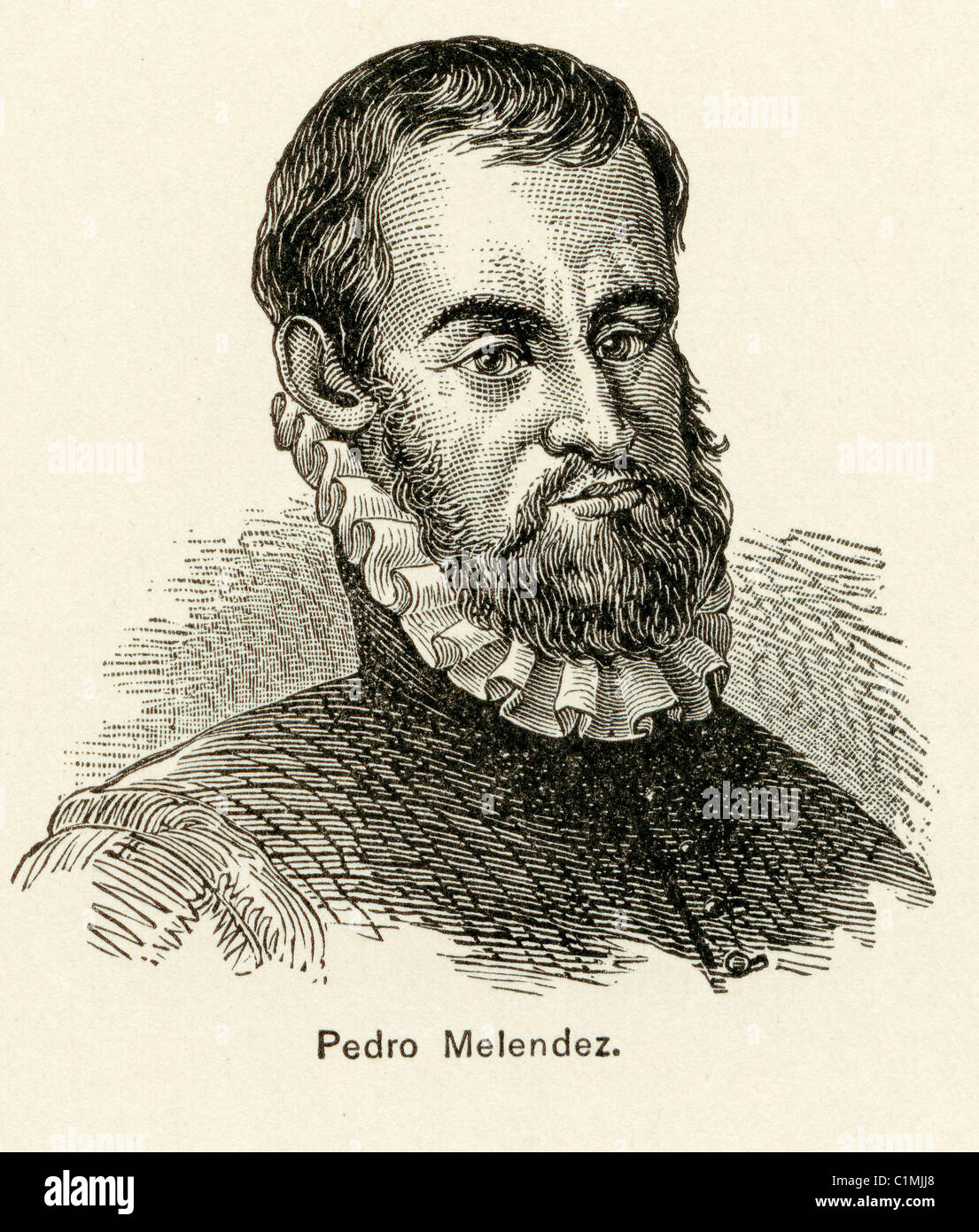Alte Lithographie von Pedro Menéndez de Avilés, spanischer Admiral und Entdeckers 1565 St. Augustine, Florida, USA gegründet Stockfoto
