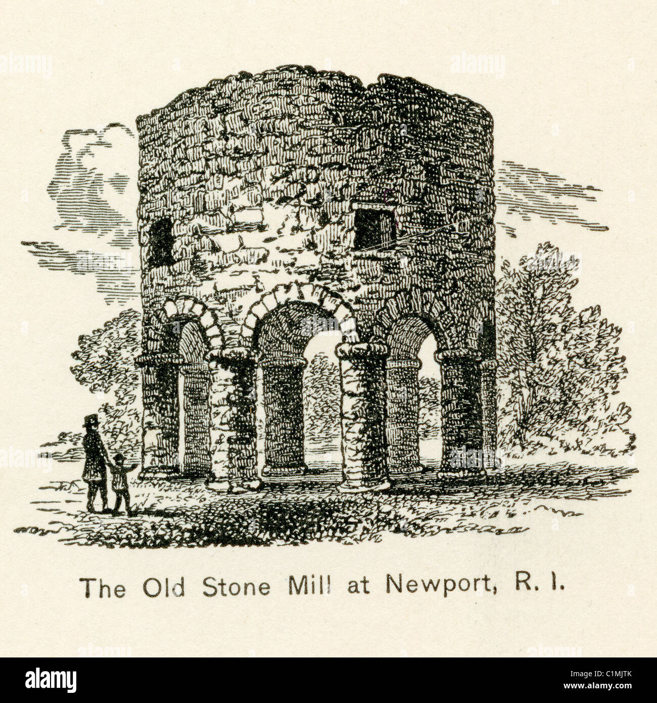Alte Lithographie der Steinmühle, Newport (The Newport Tower), Rhode Island, USA Stockfoto