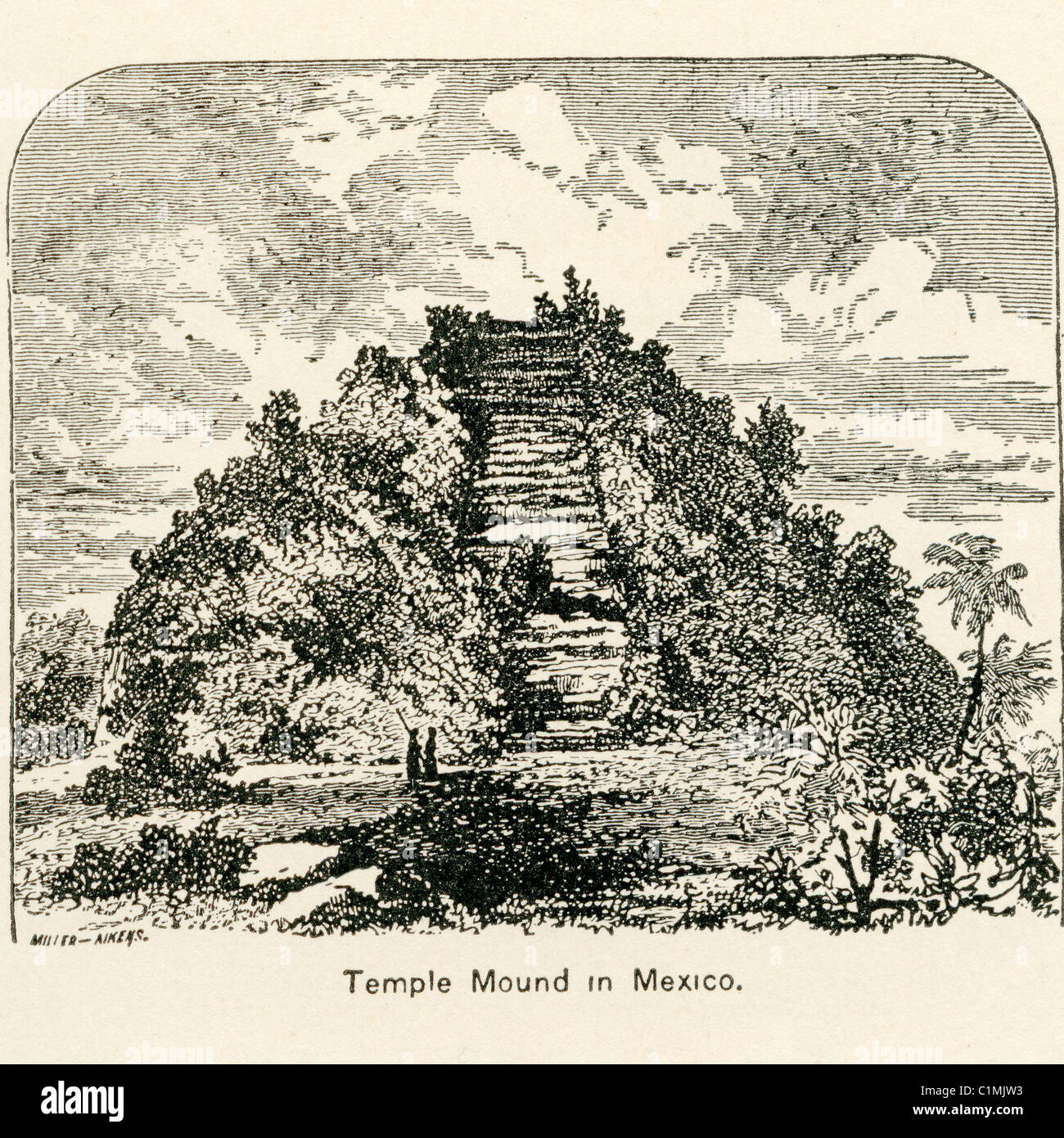 Alte Lithographie des Tempels Mound in Mexiko Stockfoto
