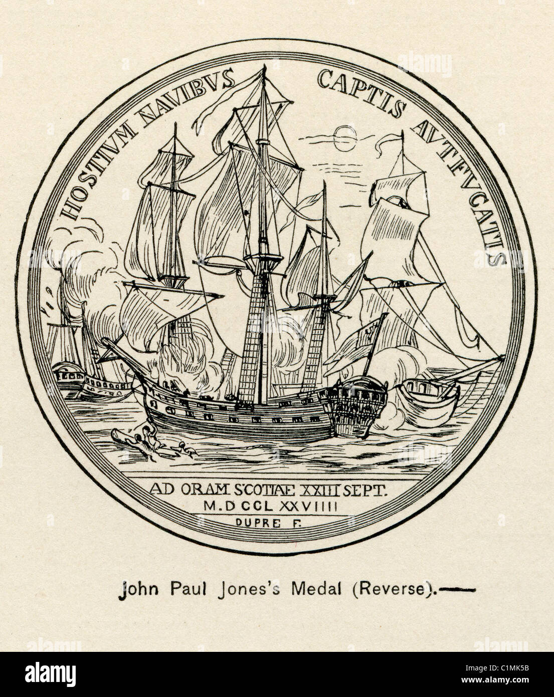 Alte Lithographie von 1779 Gilt John Paul Jones Komitien Americana Medaille Stockfoto