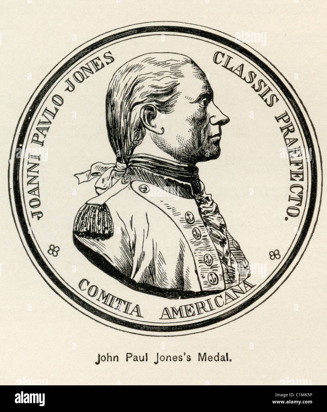 Alte Lithographie von 1779 Gilt John Paul Jones Komitien Americana Medaille Stockfoto