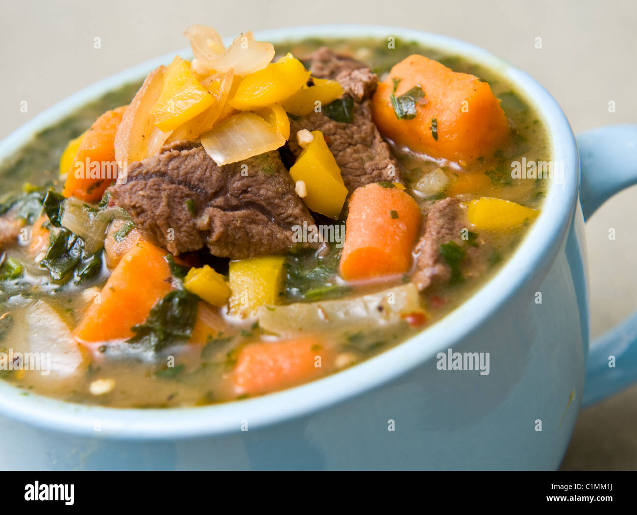 Suppenschüssel voll von Rindfleisch und Gemüseeintopf Stockfoto