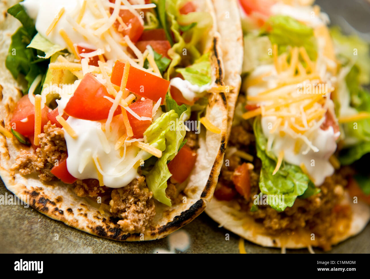 zwei frisch gemahlenem Türkei Tacos auf einem Teller Stockfoto