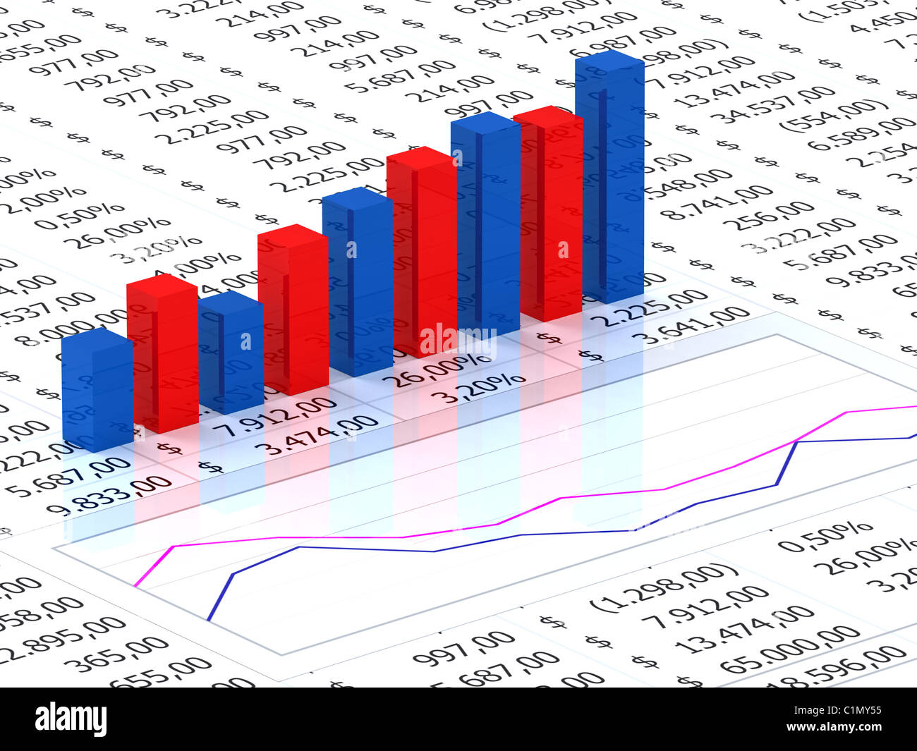 Tabelle mit blauen und roten Grafik Balken mit Zahlen im Hintergrund Stockfoto