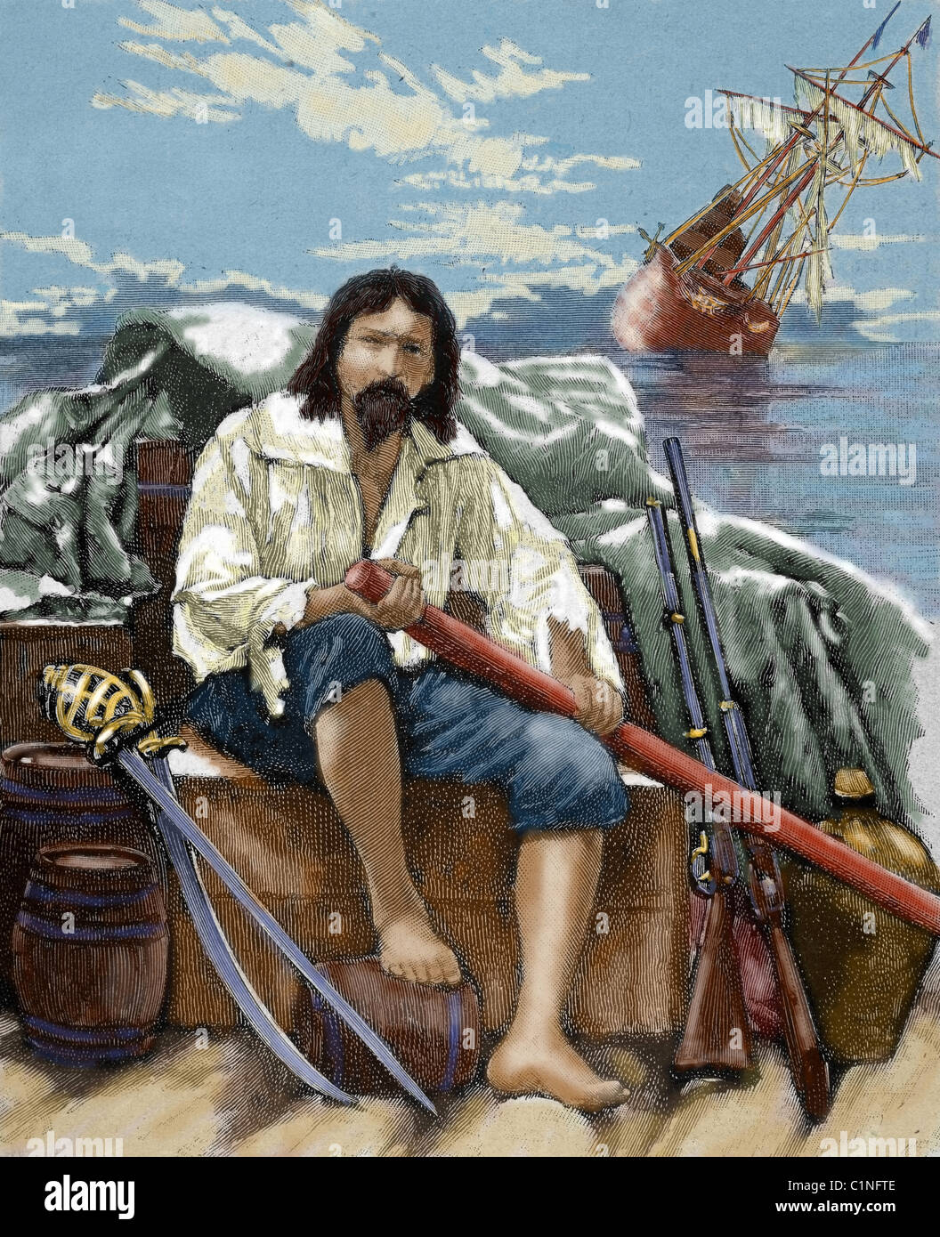 Defoe, Daniel (1660-1731). Englischer Schriftsteller. Robinson Crusoe alles was vor der die Versenkung wäre des Bootes zu retten. Stockfoto