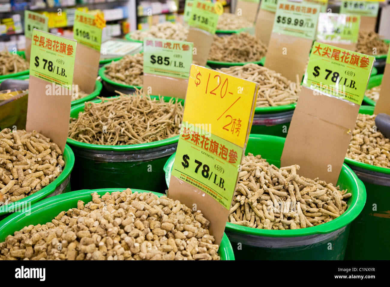 Chinesische Kräuter Wurzeln zum Verkauf auf Markt. Stockfoto