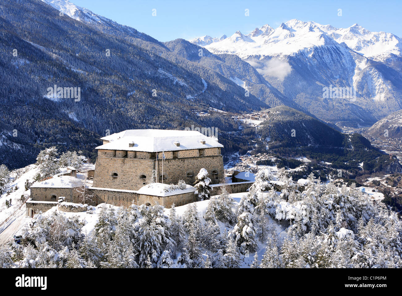 Frankreich, Savoyen, Maurienne-Tal, Barriere de l' Esseillon, Fort Charles Albert (Luftbild) Stockfoto