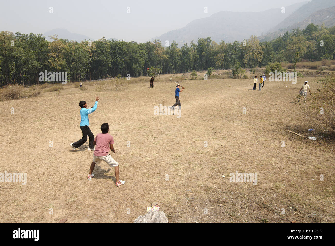 Männer und Jungen spielen Cricket auf einem Feld in Jim Corbett Nationalpark, Indien. Stockfoto