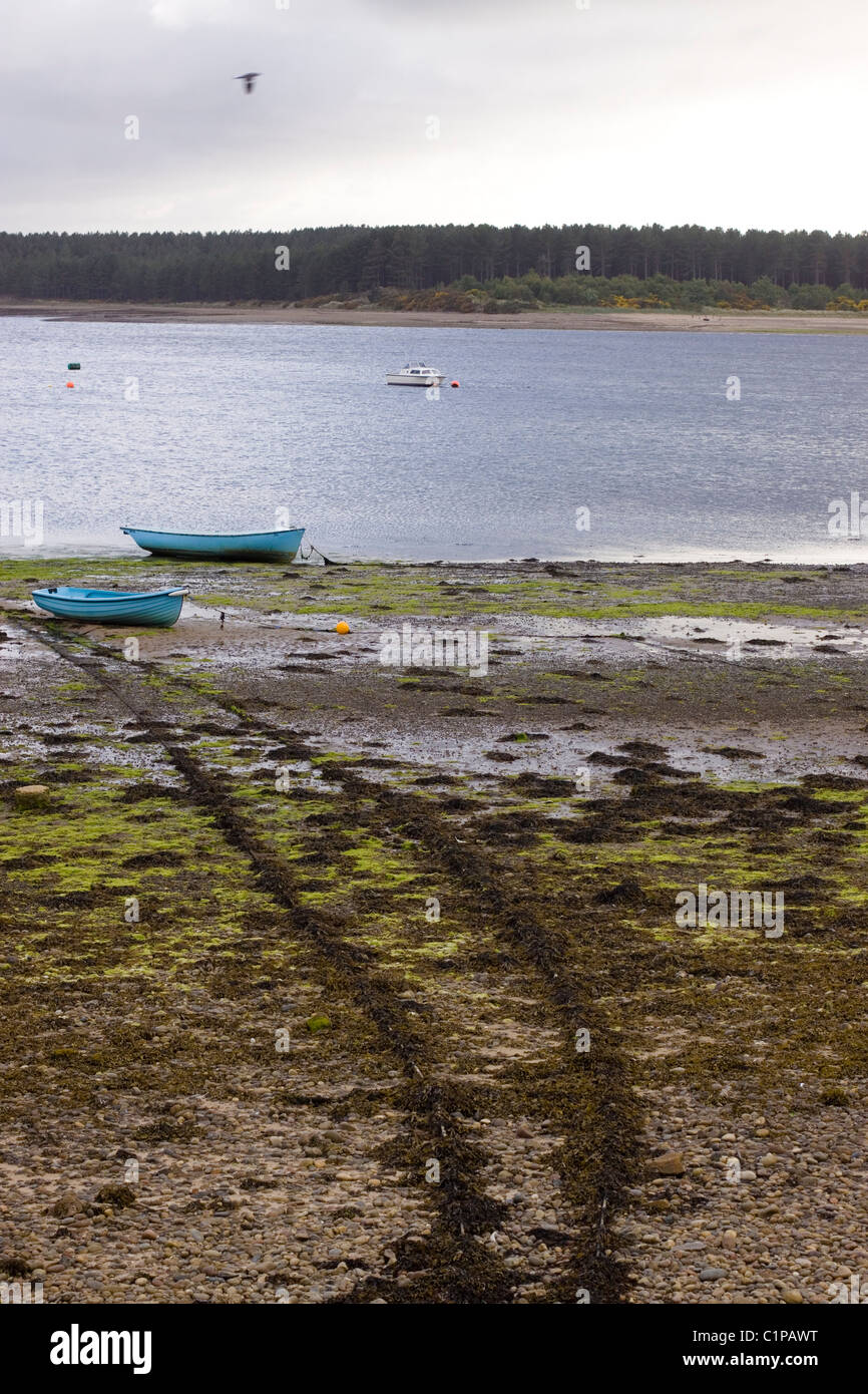 Schottland, Findhorn, Boote vertäut am Ufer der schlammigen Bucht Stockfoto