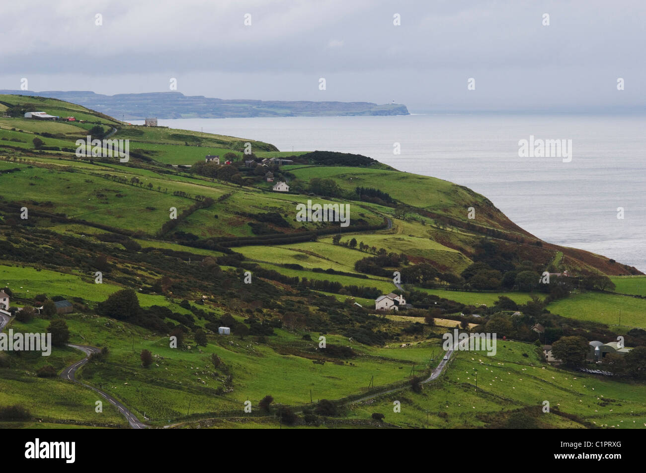 Nordirland, Causeway-Küste, Landschaft mit Meer im Hintergrund Stockfoto