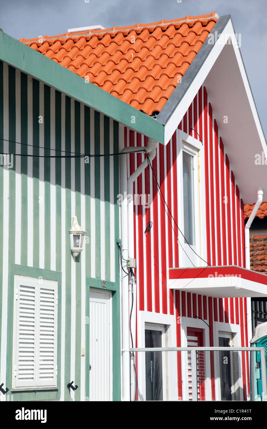 Gestreifte Ferienhaus, Costa Nova, Zentral-Portugal Stockfoto