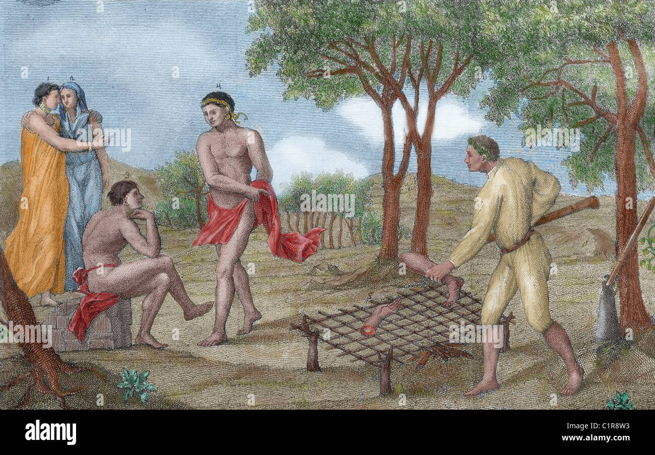 Maipure Indianer, Bewohner des oberen Orinoco, Grillen, die Beine ein toter Feind. Italienische Gravur 1781. Farbige. Stockfoto