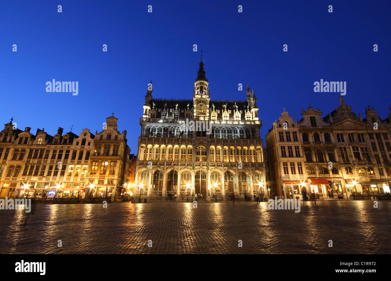 Berühmte Bauwerke der Grand Place von Brüssel, Belgien (Nachtaufnahme) Stockfoto
