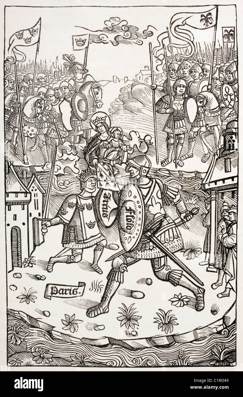 König Artus, oder Arthur, geschützt von der Jungfrau Maria, eine Riese zu kämpfen. Stockfoto