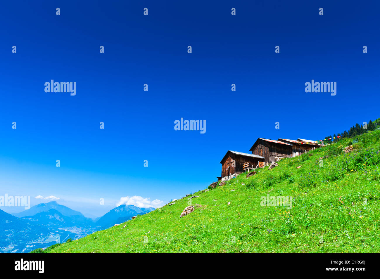 Alphütten auf grünen Berghang unter blauem Himmel. Französische Apls. Stockfoto