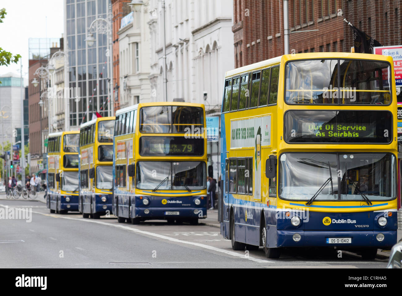 Reihe von Dublin Busse auf der Straße. Stockfoto
