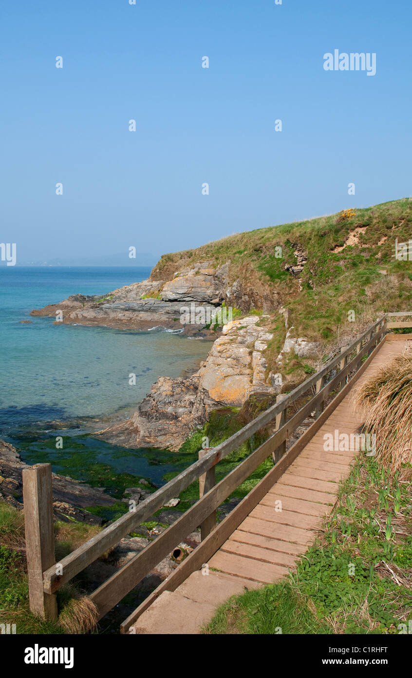 Eine hölzerne Brücke auf der südlichen Westküste Wanderweg in der Nähe von Hl.Antonius auf der Halbinsel Roseland, Cornwall, UK Stockfoto