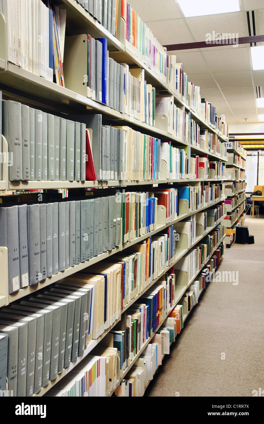 Perspektive der grauen Bücherreihen an der Bibliothek der Schule, Hochschule oder Universität. Stockfoto