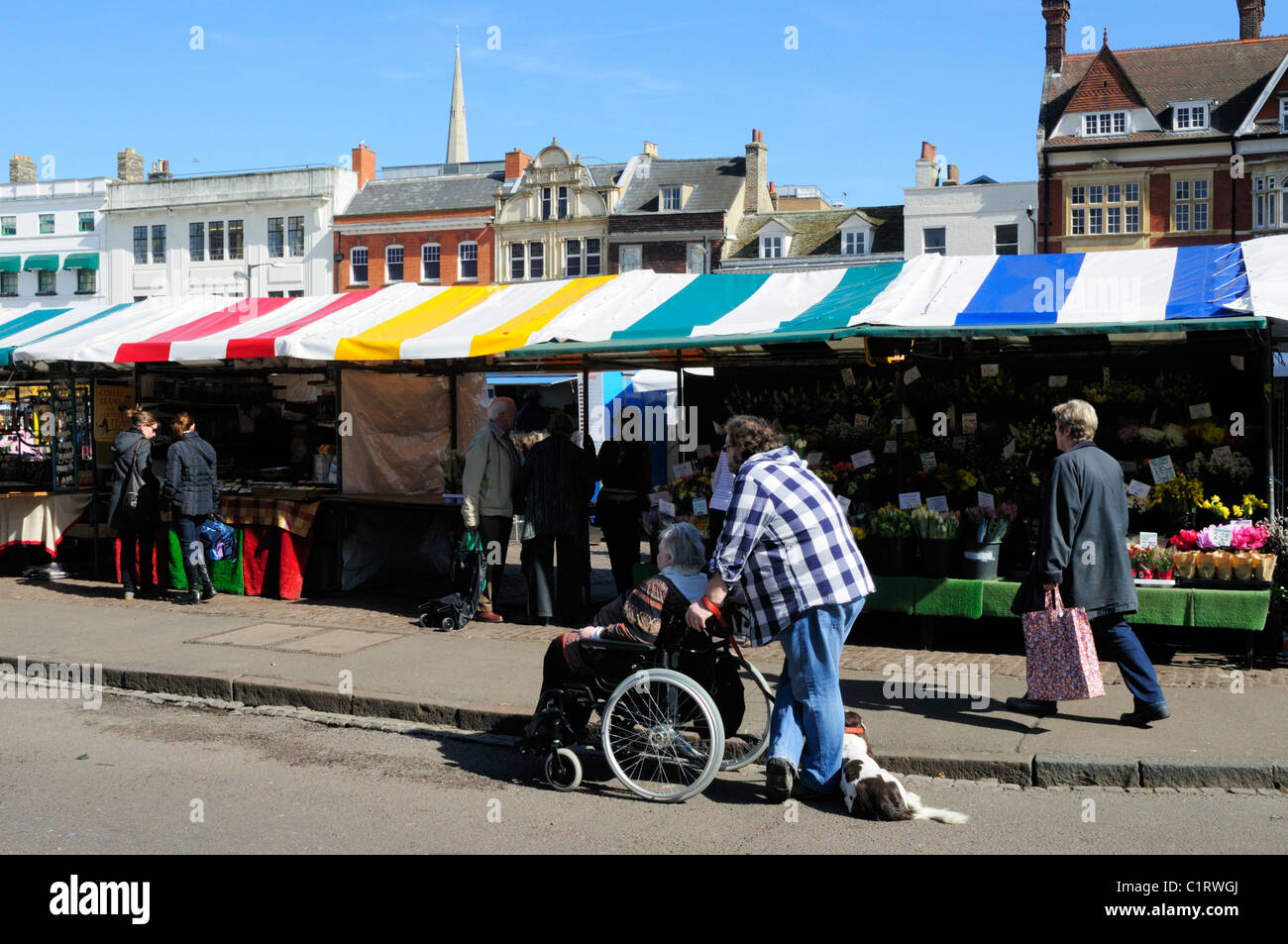 Stände auf dem Markt und der Mann schob Senior Frau im Rollstuhl, Cambridge, England, UK Stockfoto