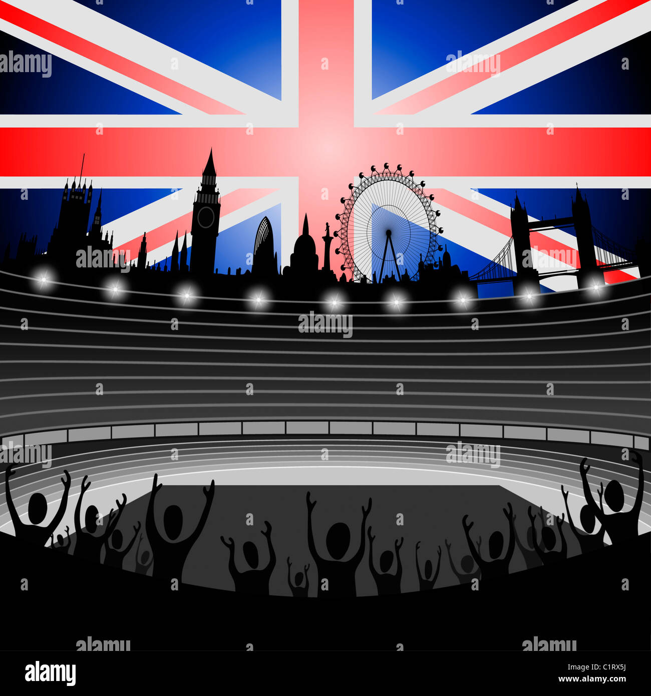 Abbildung des Stadions mit der Skyline von London auf der Horizon - London City - Veranstalter der Olympischen Spiele 2012 Stockfoto