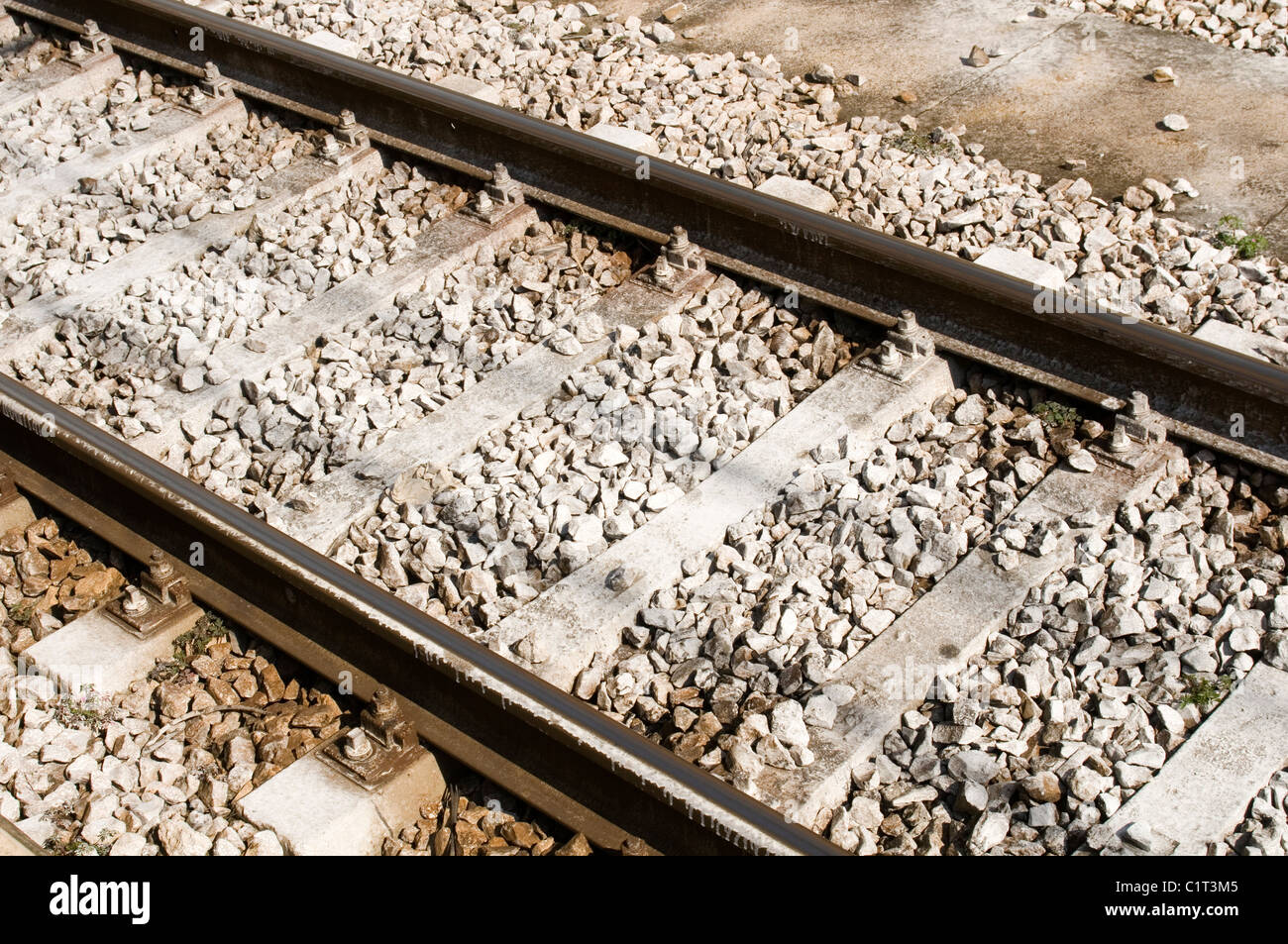 Eisenbahn Spur Bahnen Linie Linien Schiene Schienen Zug Züge Eisenbahnen Schläfer Schwellen Schotter Kies Maintance Railtrack Jarvis engi Stockfoto