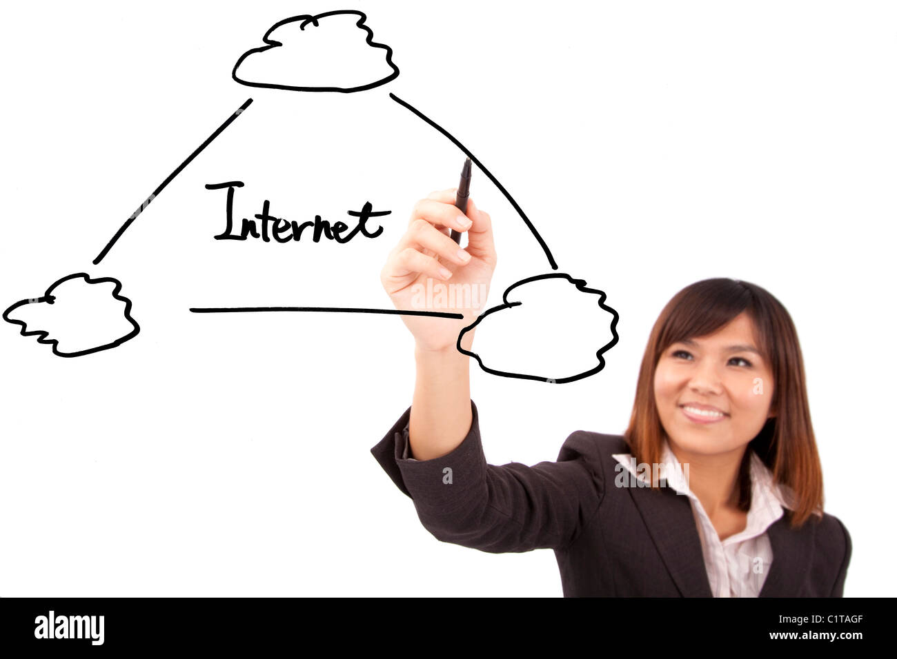 Geschäftsfrau, die ein Internet-Cloud-Diagramm zeichnen Stockfoto