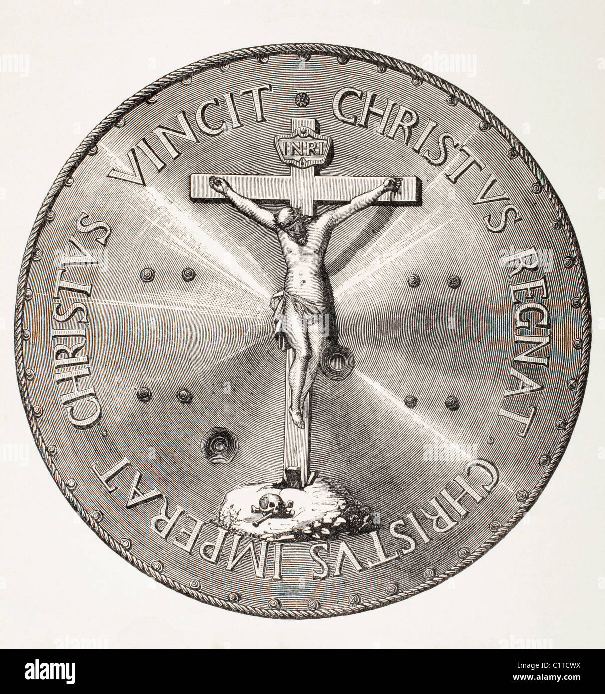 Eisen Schild Papst Pius v., Don John von Österreich für seine Verdienste um die Christenheit nach dem Sieg bei Lepanto, 1571 vorgelegt. Stockfoto