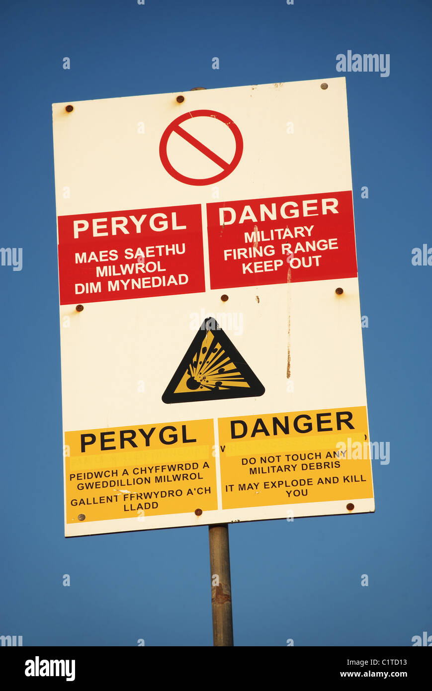Zeichen für militärischen Schießplatz im Westen von Wales Stockfoto