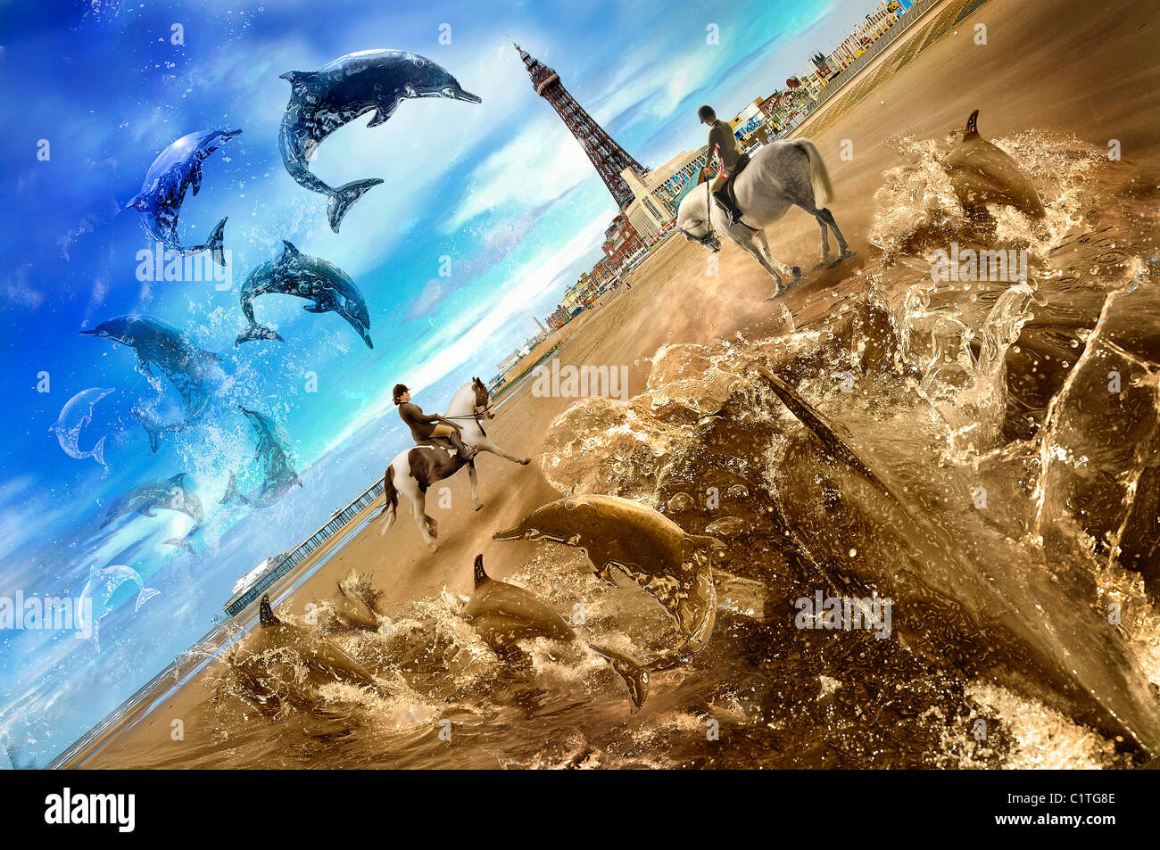 Blackpool Pleasure Beach Blackpool Tower mit Delfinen. Konzeptbild. Stockfoto