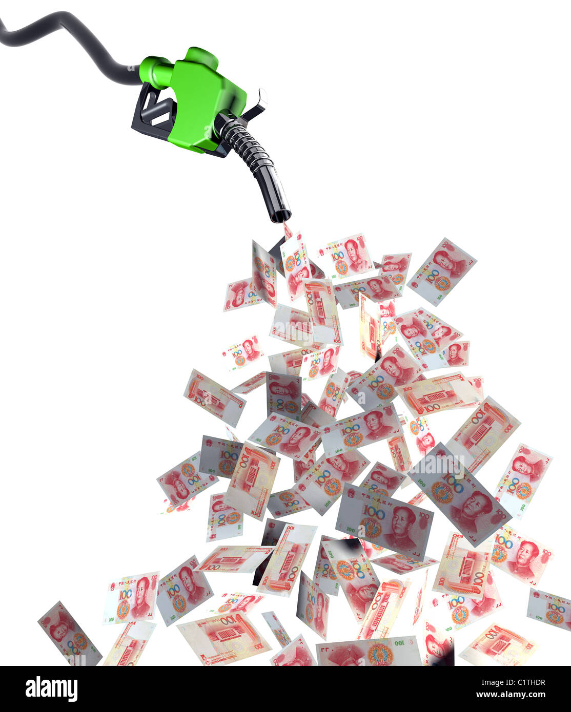 Kraftstoff-Düse mit Yuan Banknoten 3d illustration Stockfoto