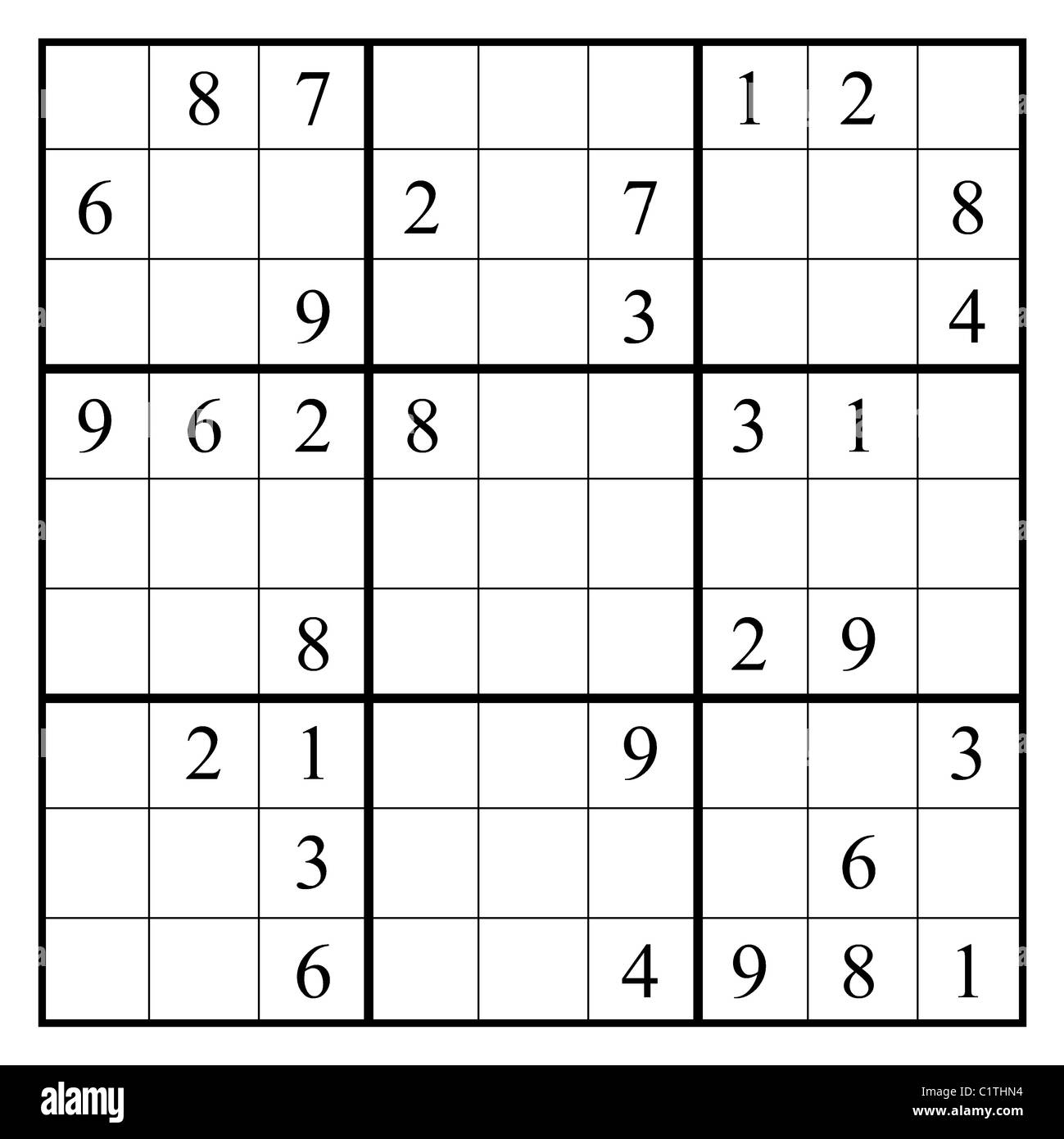 Ein Sudoku-Rätsel mit einem Layout in Form von Ziffern 2012 machen. Einfaches Rätsel, voll löslich mit Schraffuren. Stockfoto