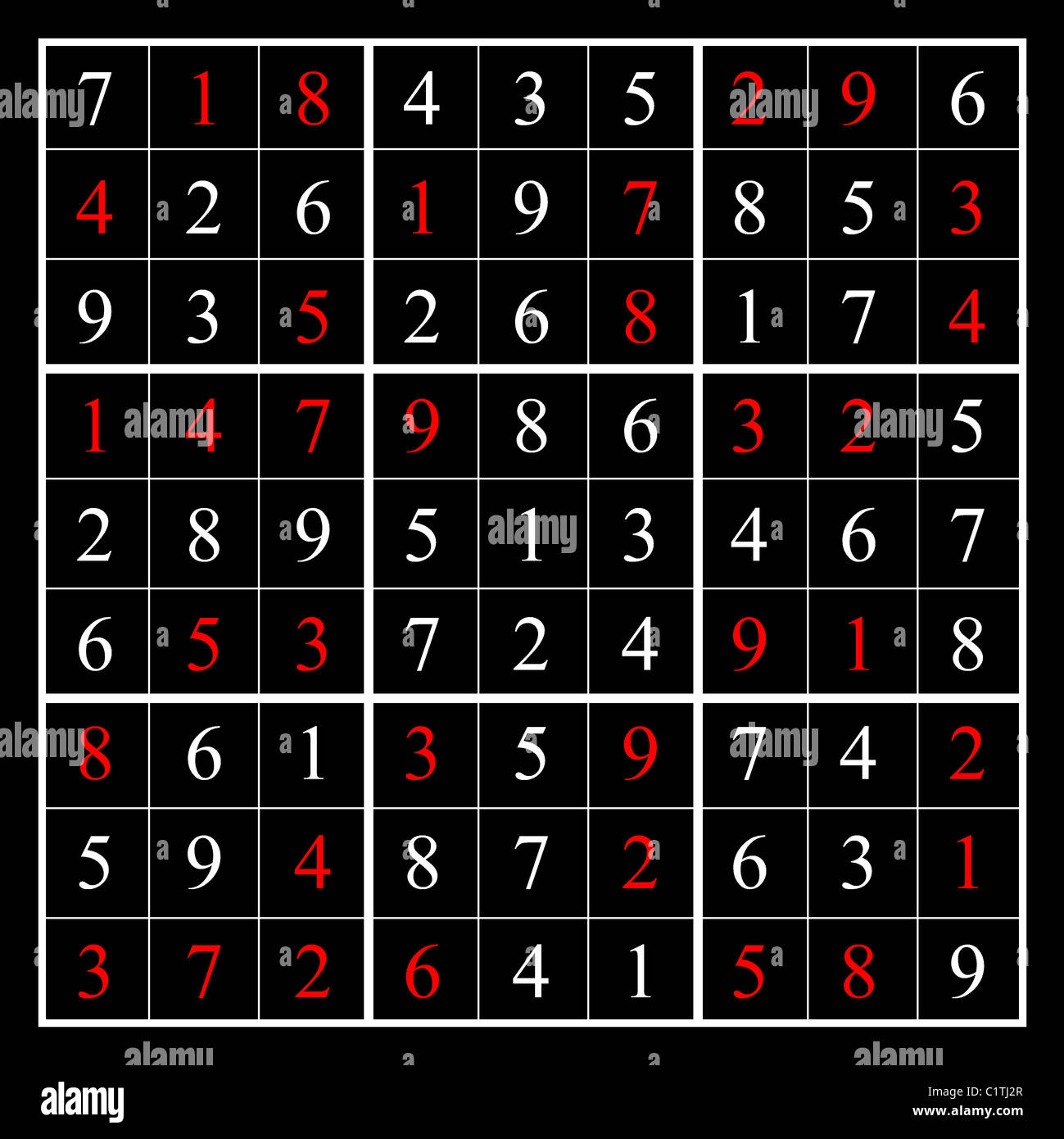 Die Lösung für ein schwer Sudoku-Rätsel mit roten Ziffern, mit einem Layout  in Form der Herstellung 2020 Ziffern angezeigt Stockfotografie - Alamy
