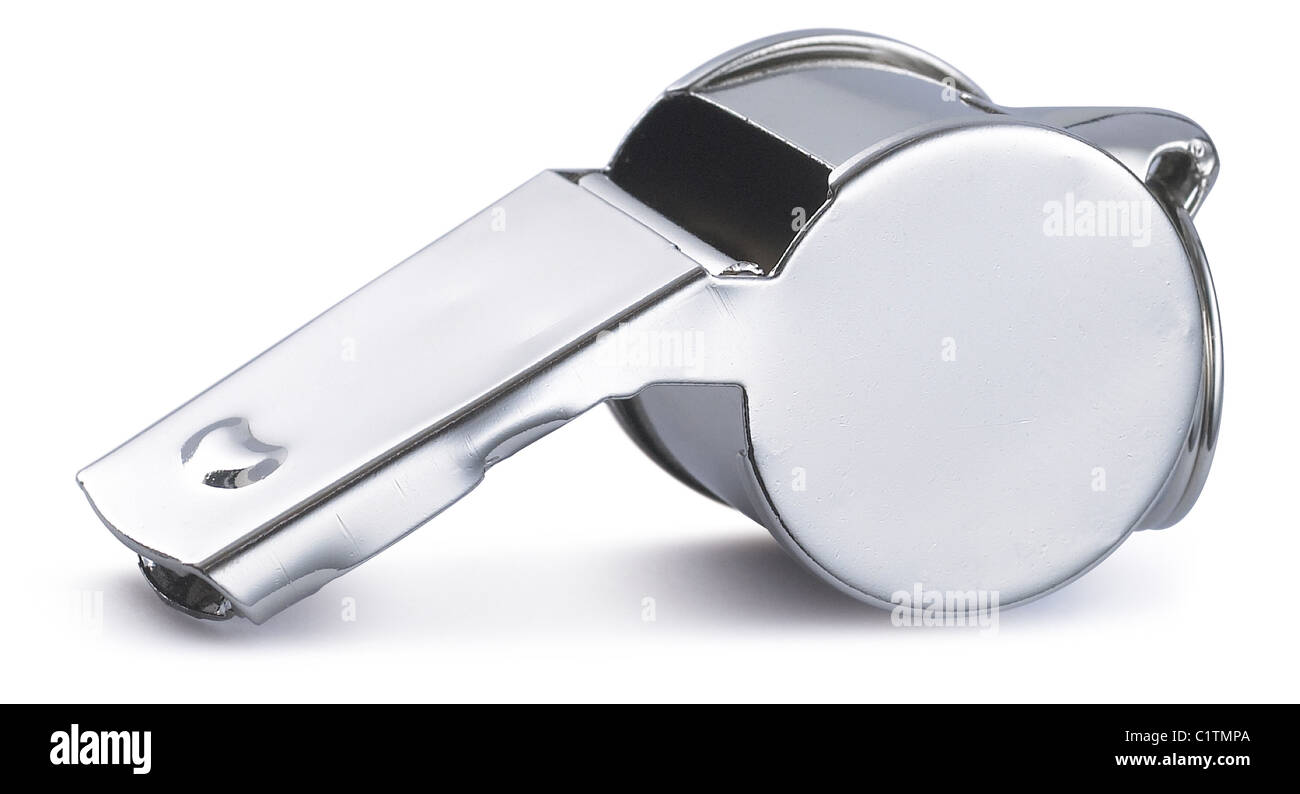 Silber Sport Pfeife mit Erbsen auf einem weißen Hintergrund isoliert Stockfoto
