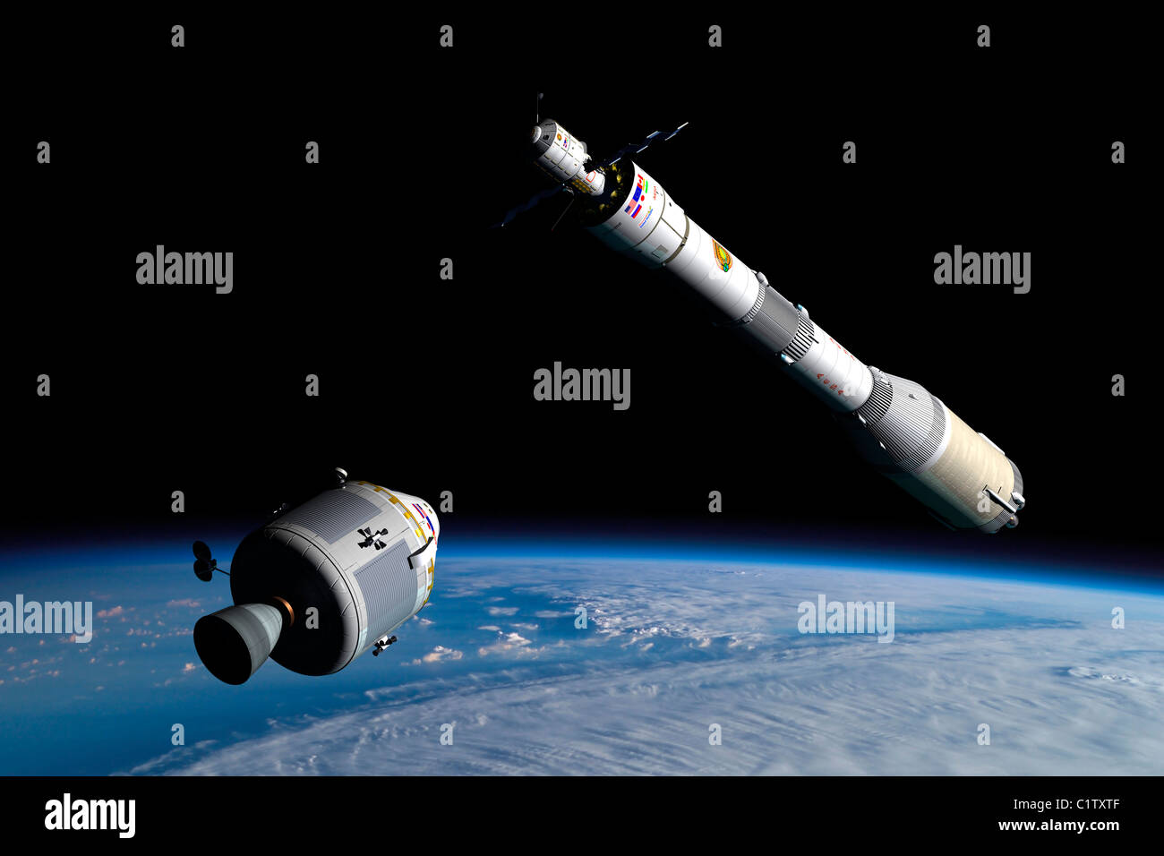 Eine Monitorbox nähert sich eine wartet auf Rakete in die Erdumlaufbahn. Stockfoto