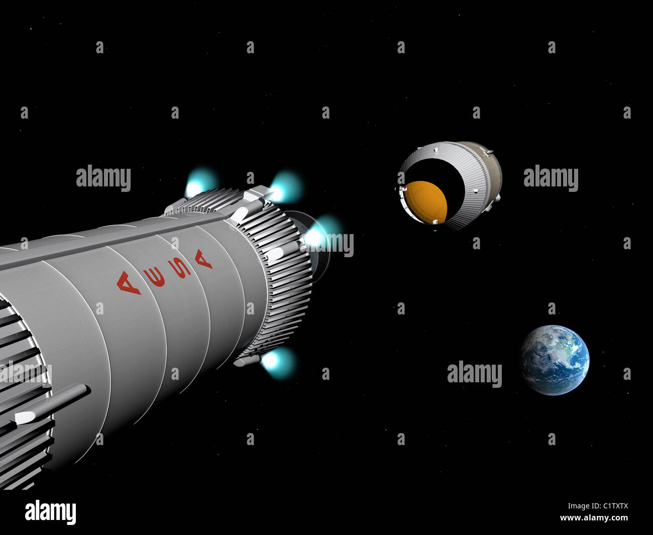 Phobos Mission Rakete Releases verbrachte Treibmittel Bühne. Stockfoto