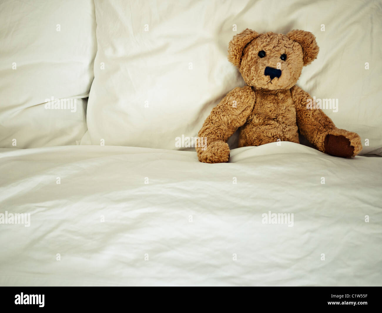 Teddybär im Bett Stockfoto