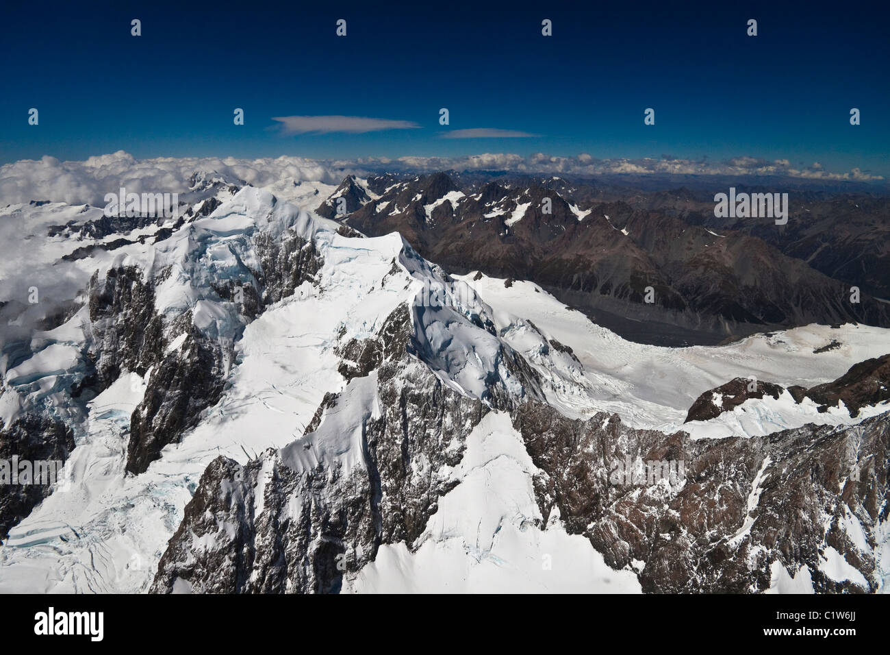 Luftaufnahme. Südalpen, West Coast, Südinsel, Neuseeland. Stockfoto