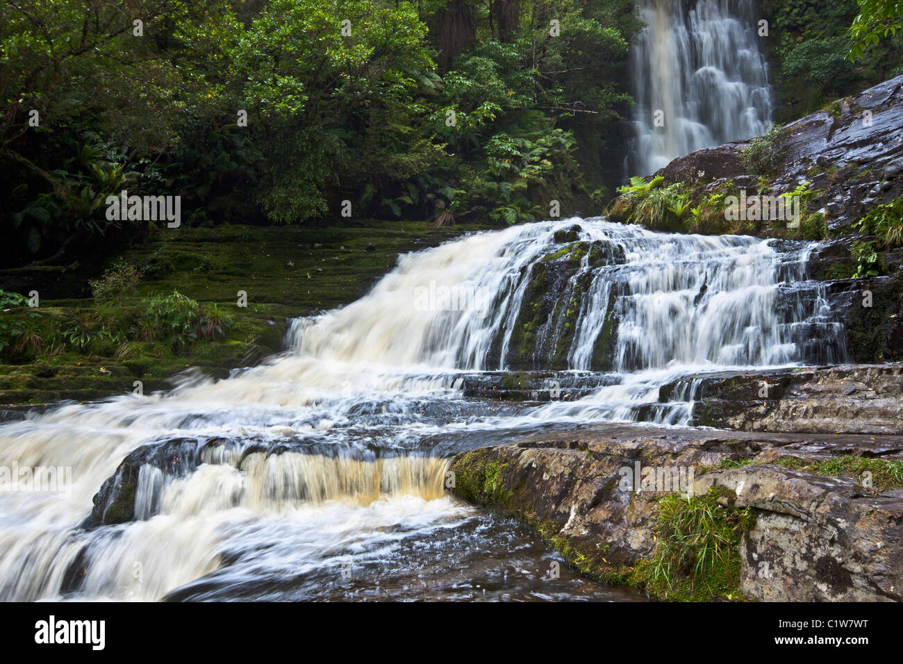 Purakaunui Wasserfall. Catlins Forest Park, Südinsel, Neuseeland. Stockfoto