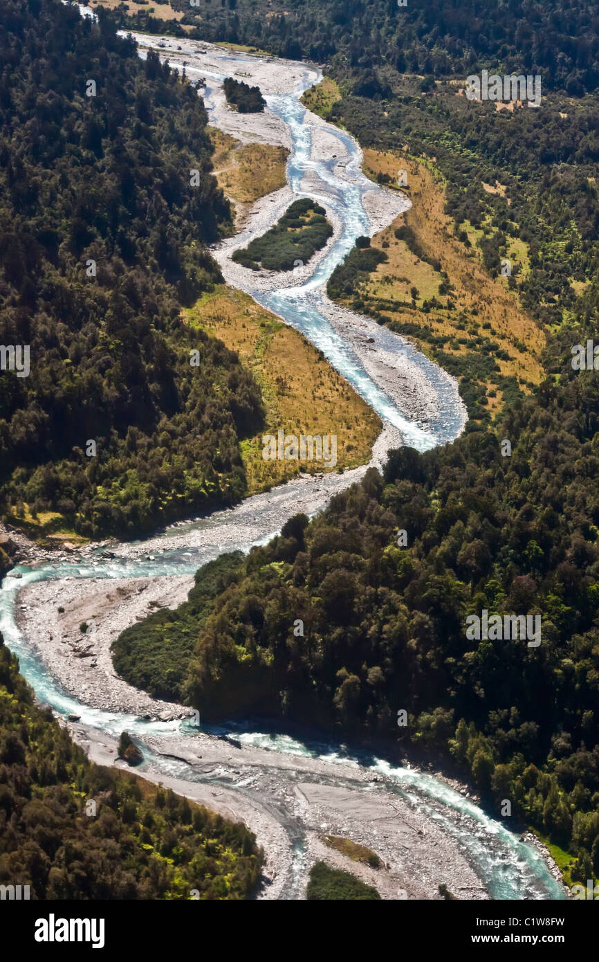 Luftaufnahme von Cook River. Südalpen, West Coast, Südinsel, Neuseeland. Stockfoto