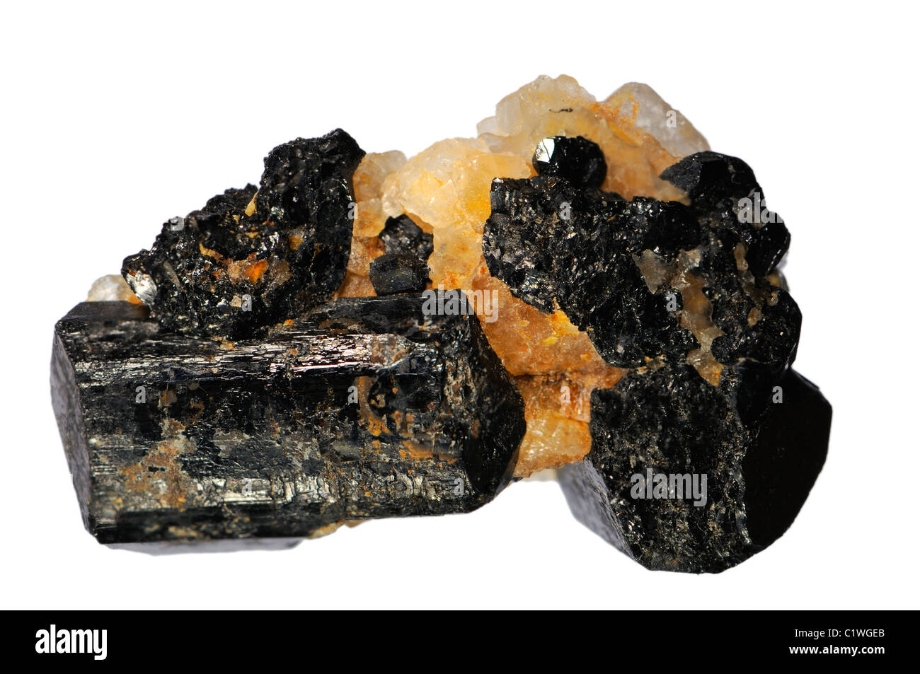 Schwarzer Turmalin / Schörl Kristalle aus Minas Gerais, Brasilien Stockfoto