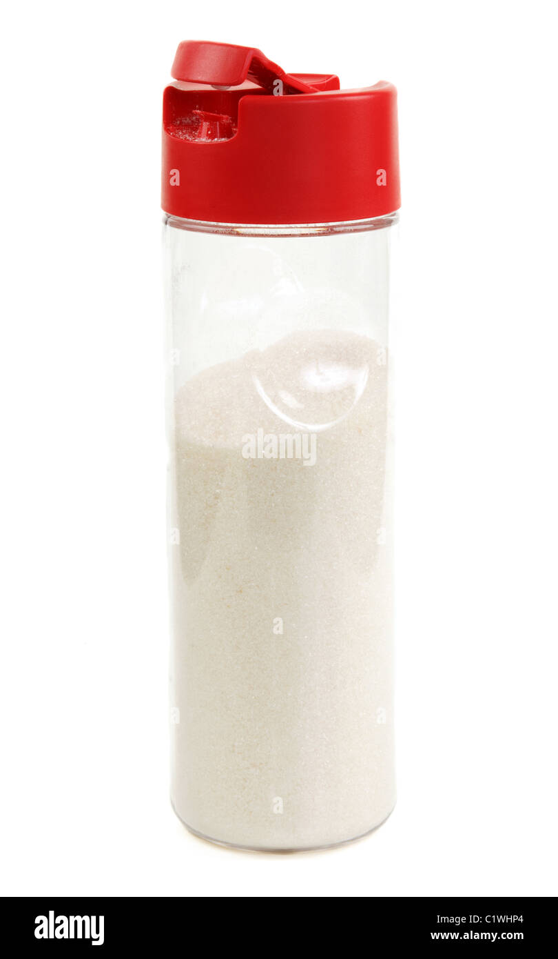 Transparente Vase mit roten Deckel und Zucker auf weißem Hintergrund Stockfoto